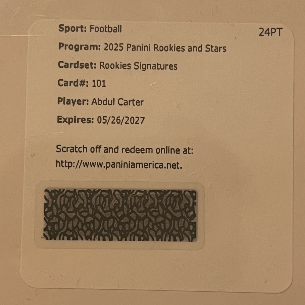 2025 Panini Rookies and Stars football  card redemption for a Abdul Carter sig.